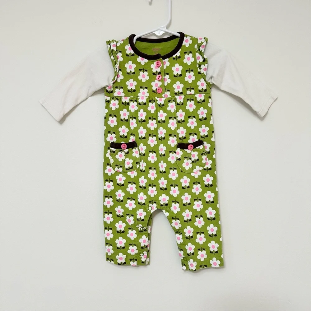 Carter's Retro Floral Daisy Print Long Romper Spring Green Pink White 6 months